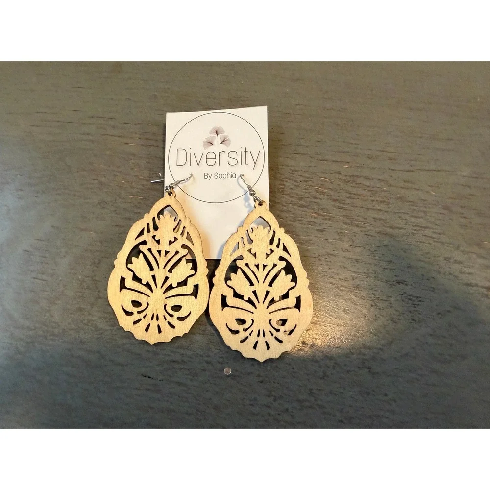 Diversity By Sophia Laser Cut Wood Floral Filigree Teardrop  Earrings Natural